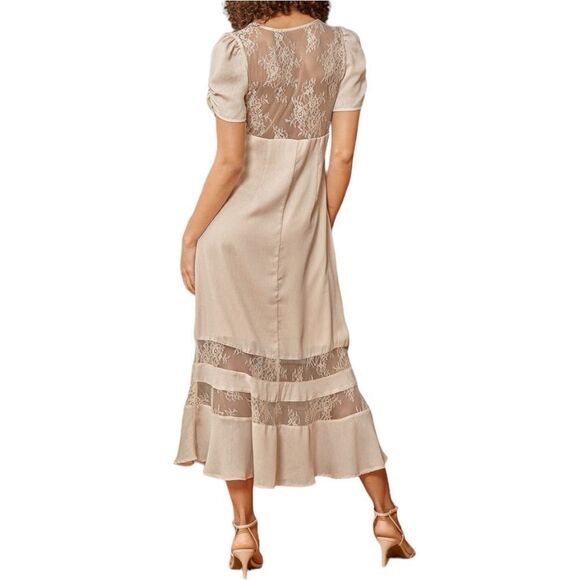 NWT LULUS Precious Moments Beige Lace Short Sleeve Midi Dress M - Picture 7 of 10